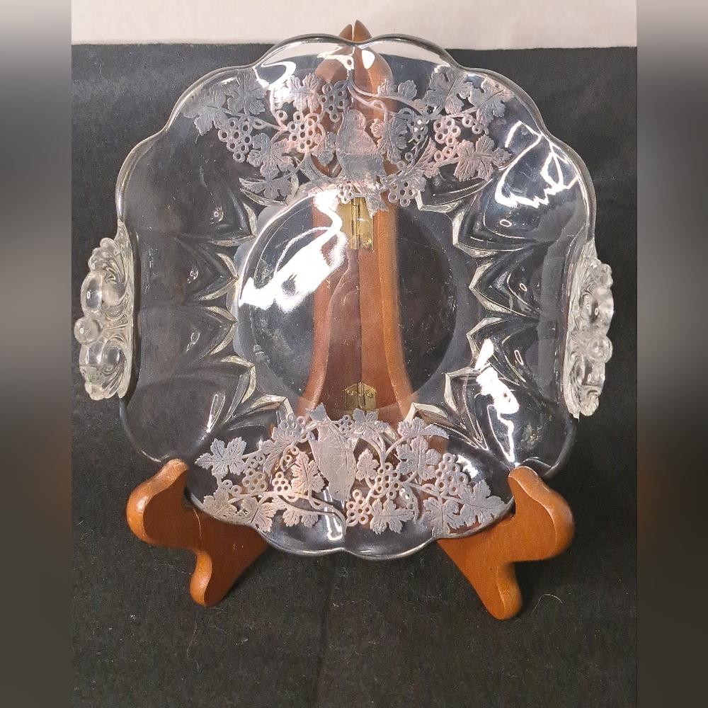 Vintage Leaves Berries and Birds Pattern Silver Glass Dish.